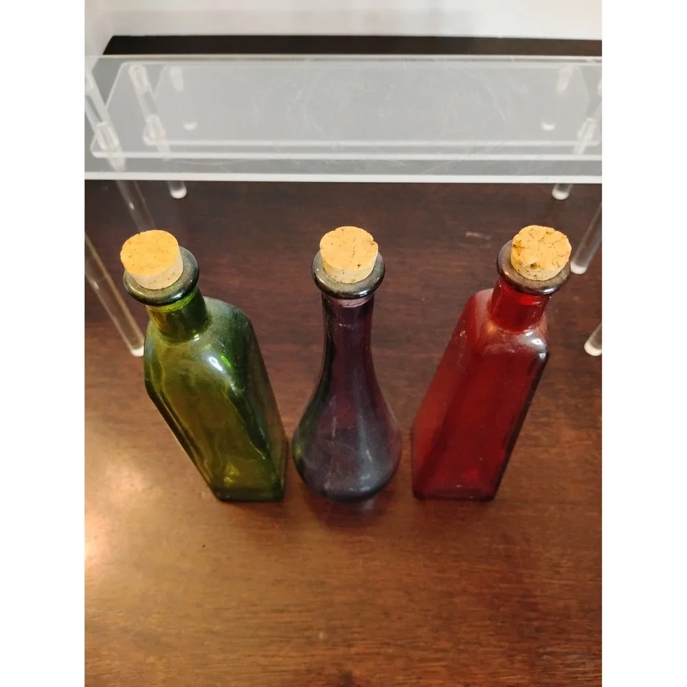 Vintage Style Colored Glass Bottles Set of 3 Jewel Tone Decorative Cork Vases